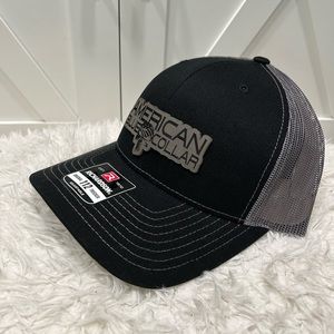 Laser engraved American Blue Collar Richardson 112 trucker hat.